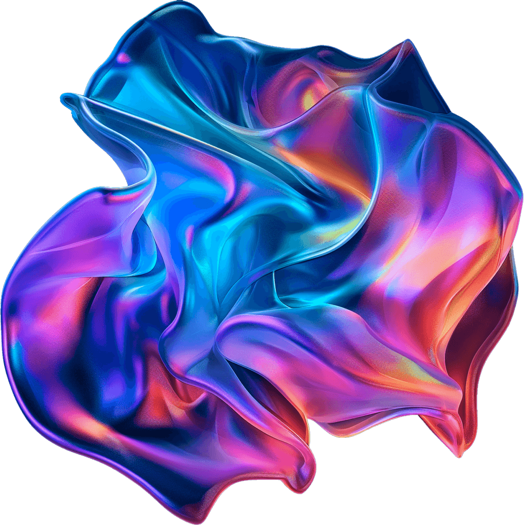 A digital artwork depicting a colorful swirl on a white background. The swirl is made up of many thin strands in various shades of pink, purple, and blue.
